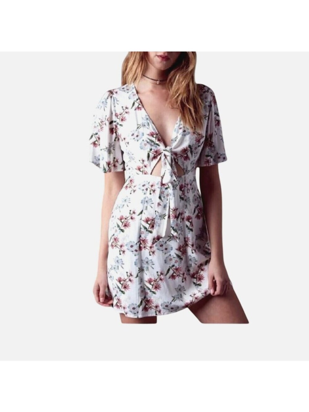 COTTON CANDY LA WOMENS WHITE FLORAL MINI DRESS SHORT SLEEVE TYE FRONT SIZE SMALL